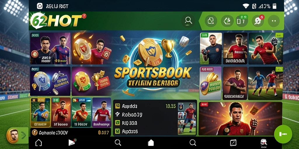 Tampilan utama aplikasi 62HOT dengan fitur taruhan Sportsbook.