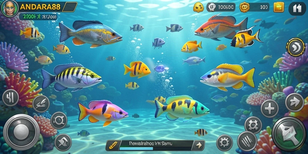 Screenshot gameplay ANDARA88 menampilkan aksi seru menembak ikan.