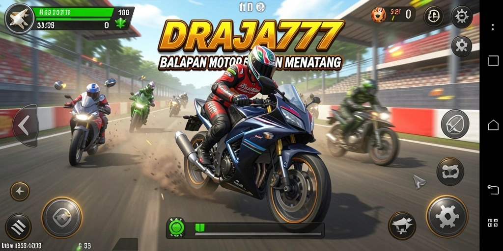 Gameplay seru DRAJA777 dengan balapan motor yang menantang.