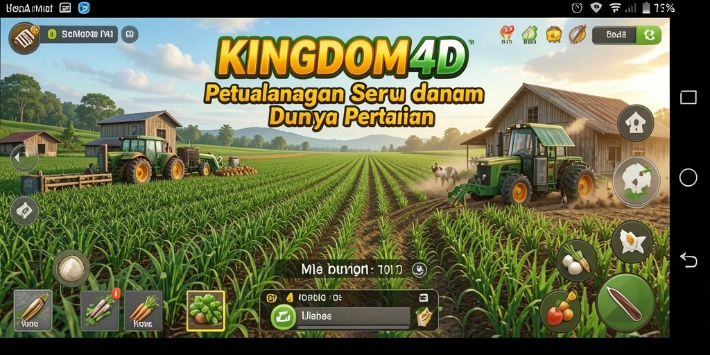 Tangkapan layar KINGDOM4D menunjukkan gameplay seru bertani dan mengelola ladang.