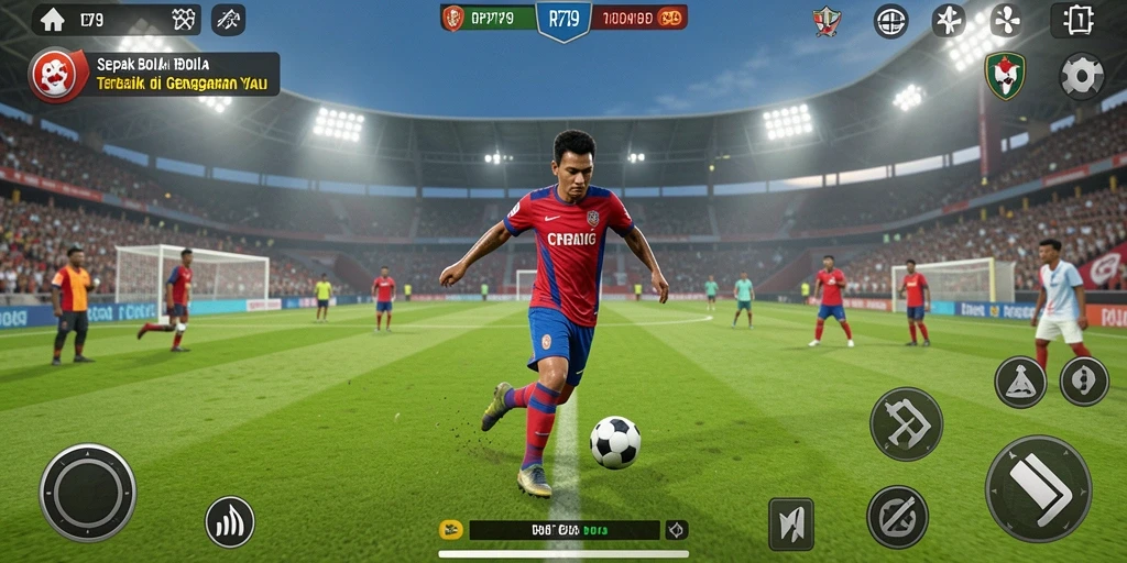 Tangkapan layar dari gameplay RP79 saat pertandingan sepak bola seru.