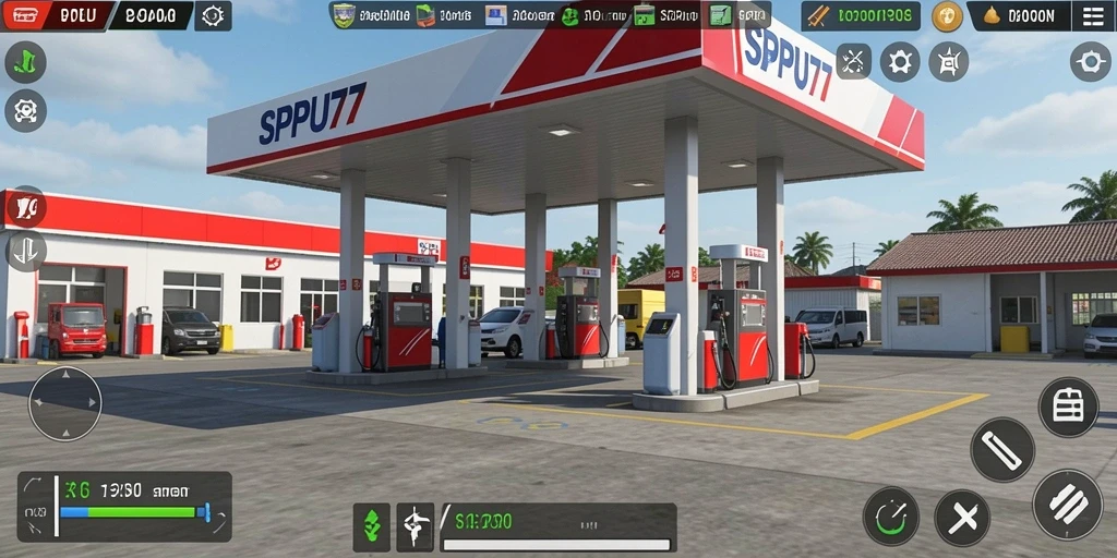 Screenshot SPBU77 menampilkan gameplay pengelolaan stasiun pengisian bahan bakar yang menarik.